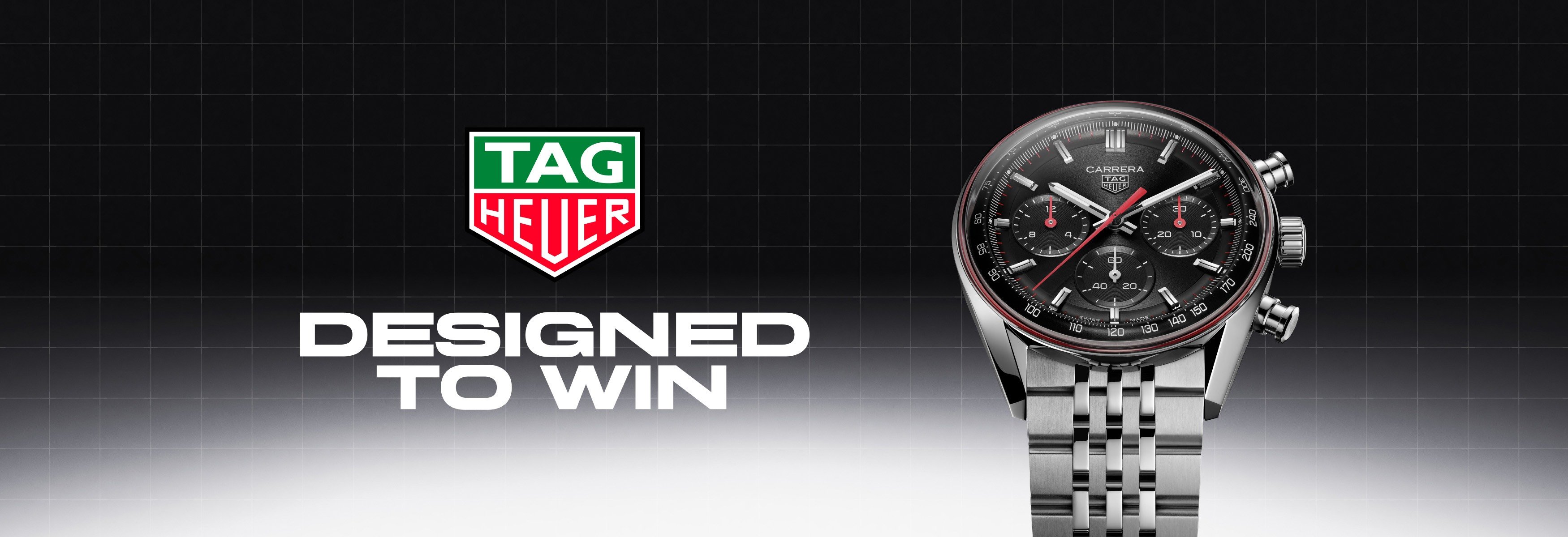 TAG Heuer Carrera chronograph watch with black dial and steel bracelet beside TAG Heuer logo and the slogan &ldquo;Designed to Win&rdquo; on a dark gradient background.