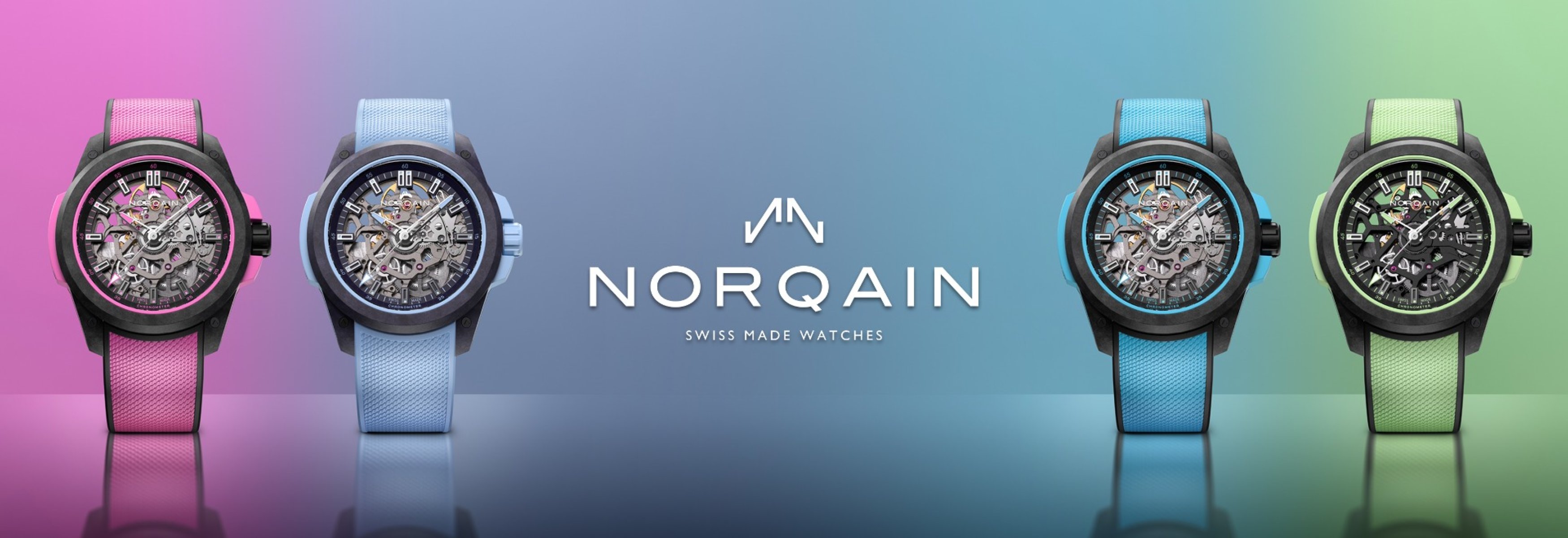 Four NORQAIN skeleton watches on a blue gradient background. From left: pink, light blue, turquoise blue and green straps.