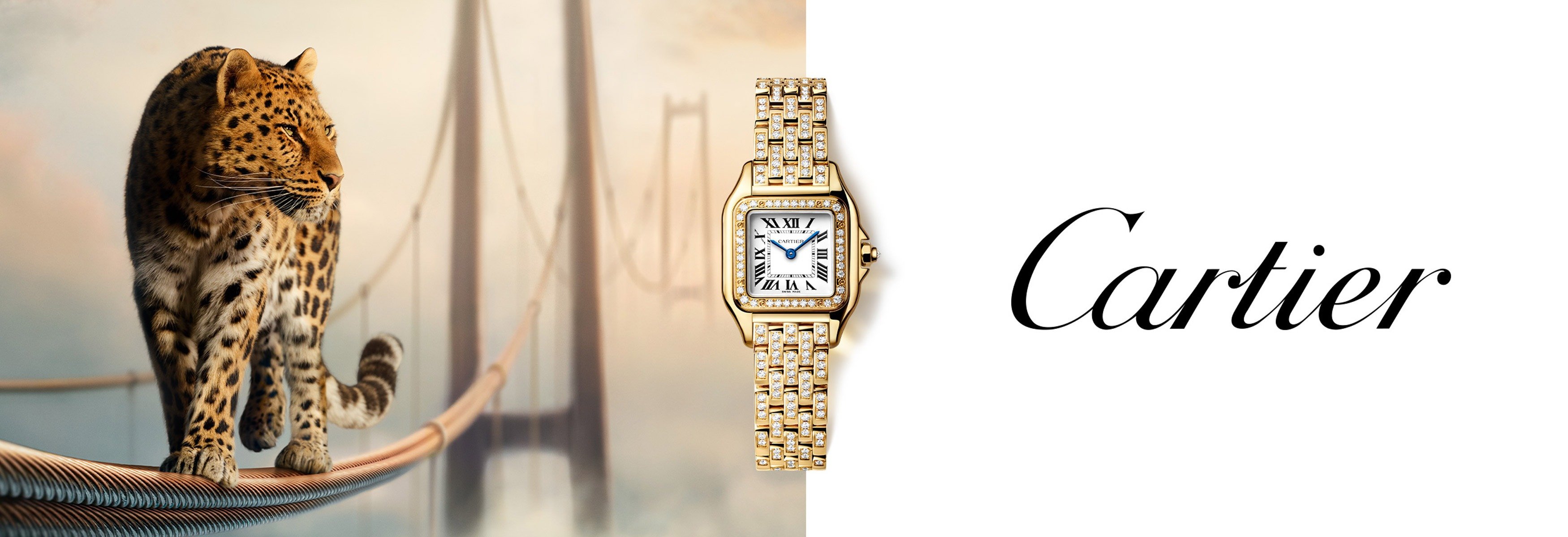 Cartier advertisement featuring a baby leopard holding Cartier ribbon with a blurred background. To the right, a silver Cartier watch with a white face and Roman numerals is displayed, alongside the brand name 'Cartier'