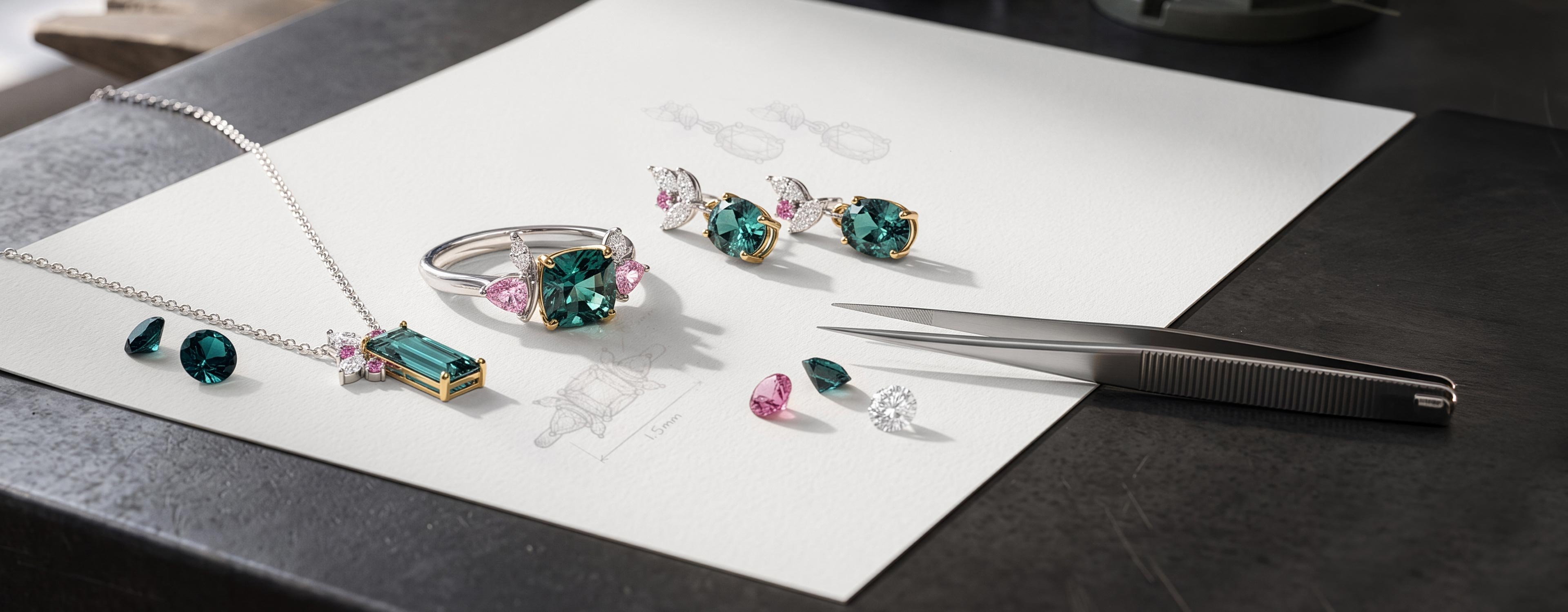 A platinum bespoke gemstone ring and matching necklace and earrings 