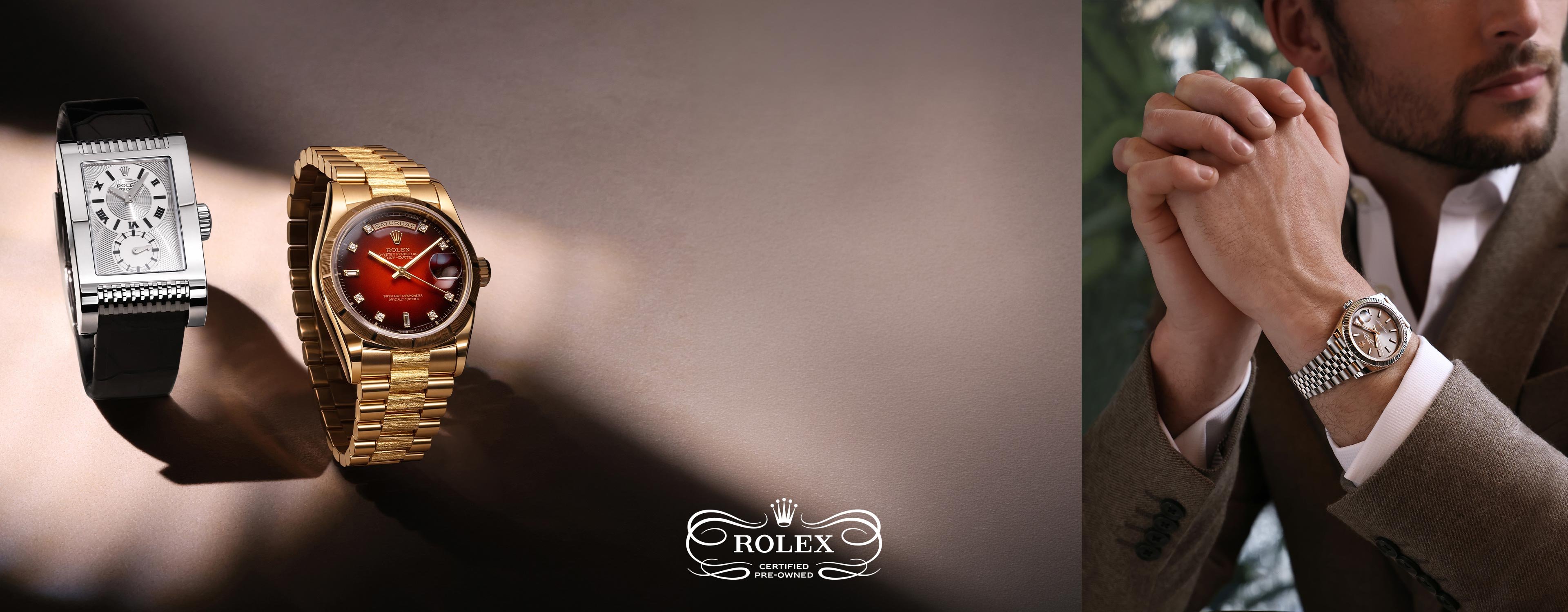 Rolex Certified Rolex Day-Date in yellow gold and a Rolex DateJust with a fluted bezel and jubilee bracelet worn on wrist