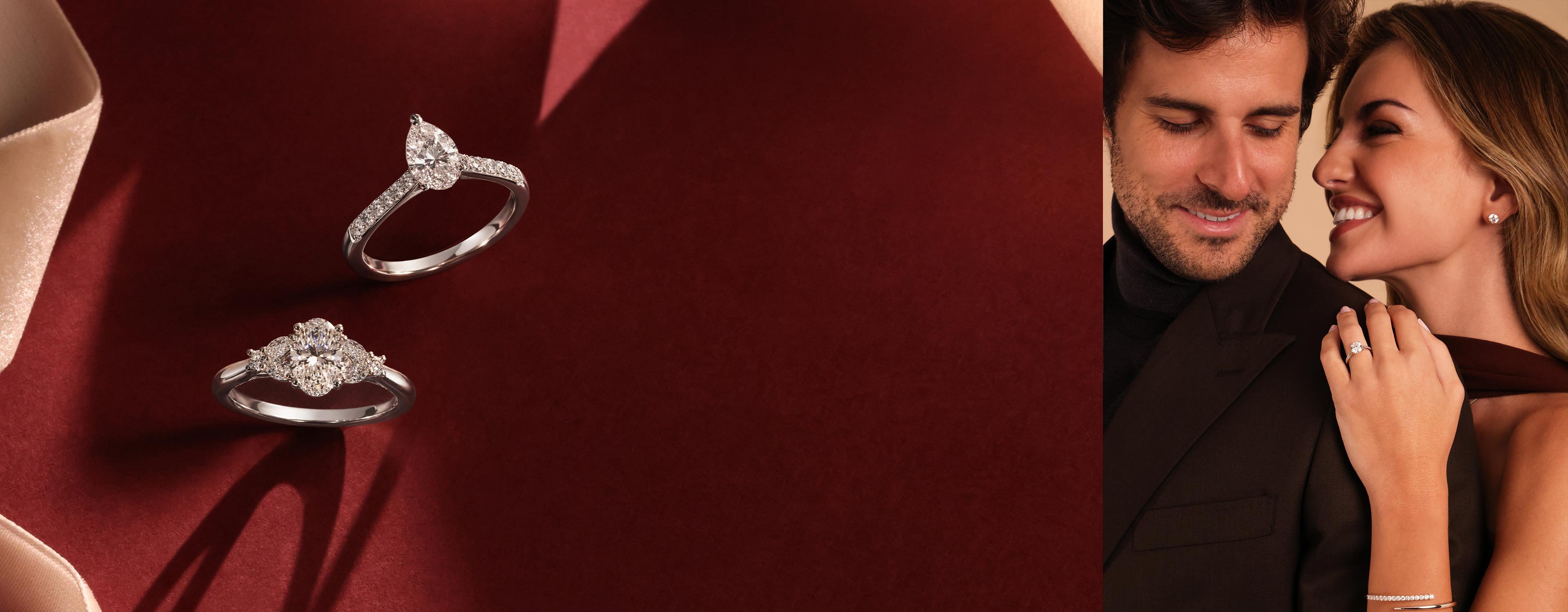 Festive engagement rings feauting a three stone oval and a pear with diamond shoulders