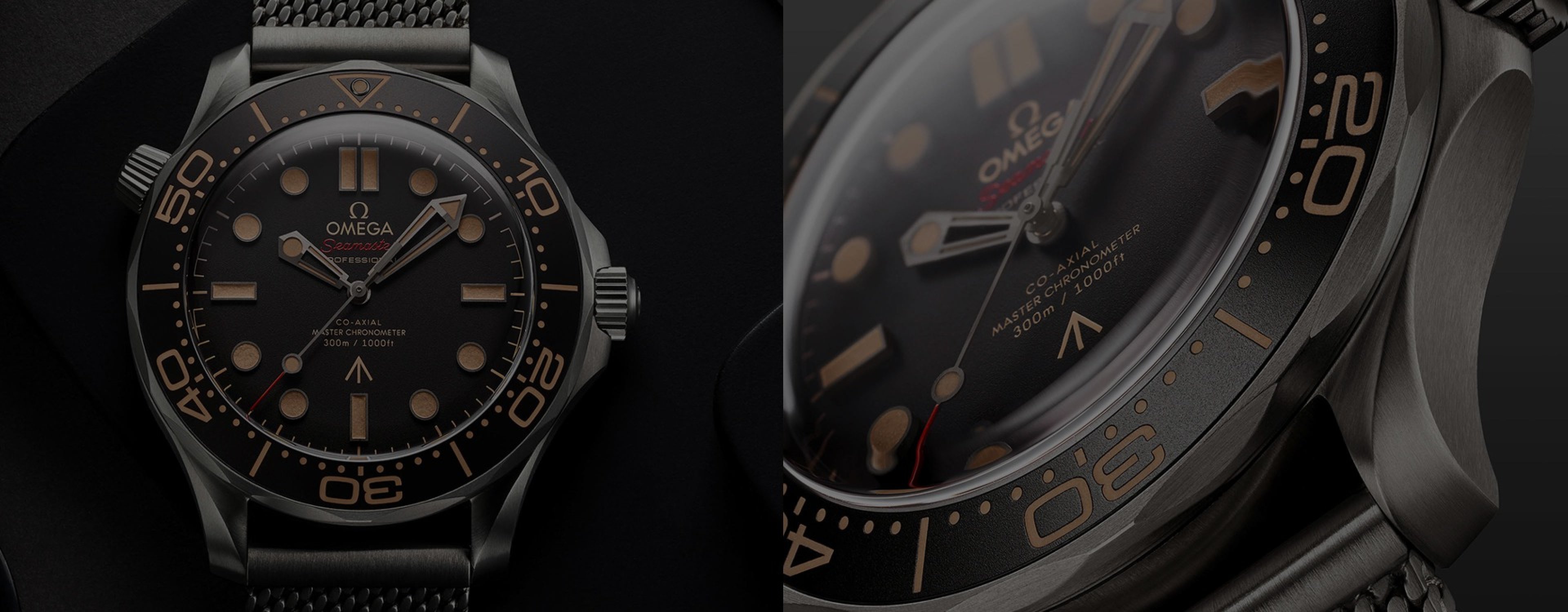 The OMEGA James Bond watch in titanium with oxidized details and a steel mesh strap.