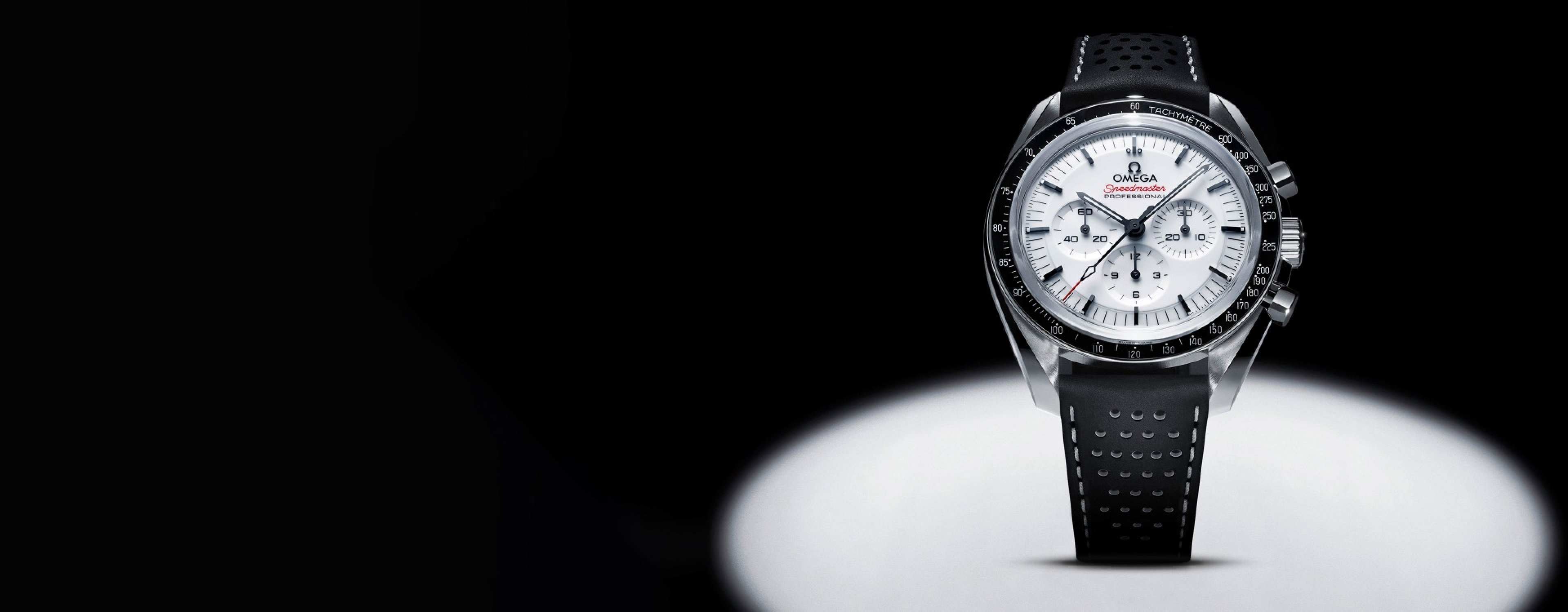 OMEGA Speedmaster Moonwatch with a white dial, black bezel and strap. 