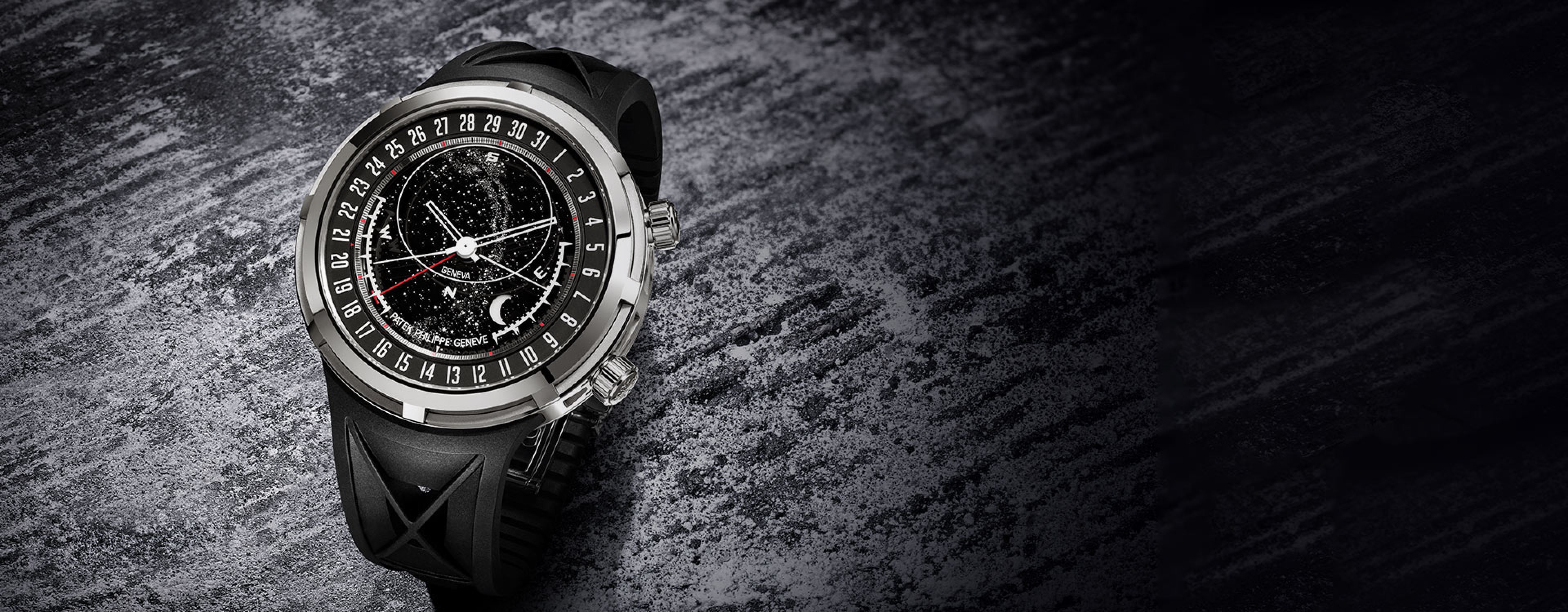 Promotional advertisement for Patek Philippe's new watch models at Watches & Wonders 2026, featuring a close-up of a luxury wristwatch with a black dial  and the brand name "Patek Philippe Gen&egrave;ve" alongside event text on the right.