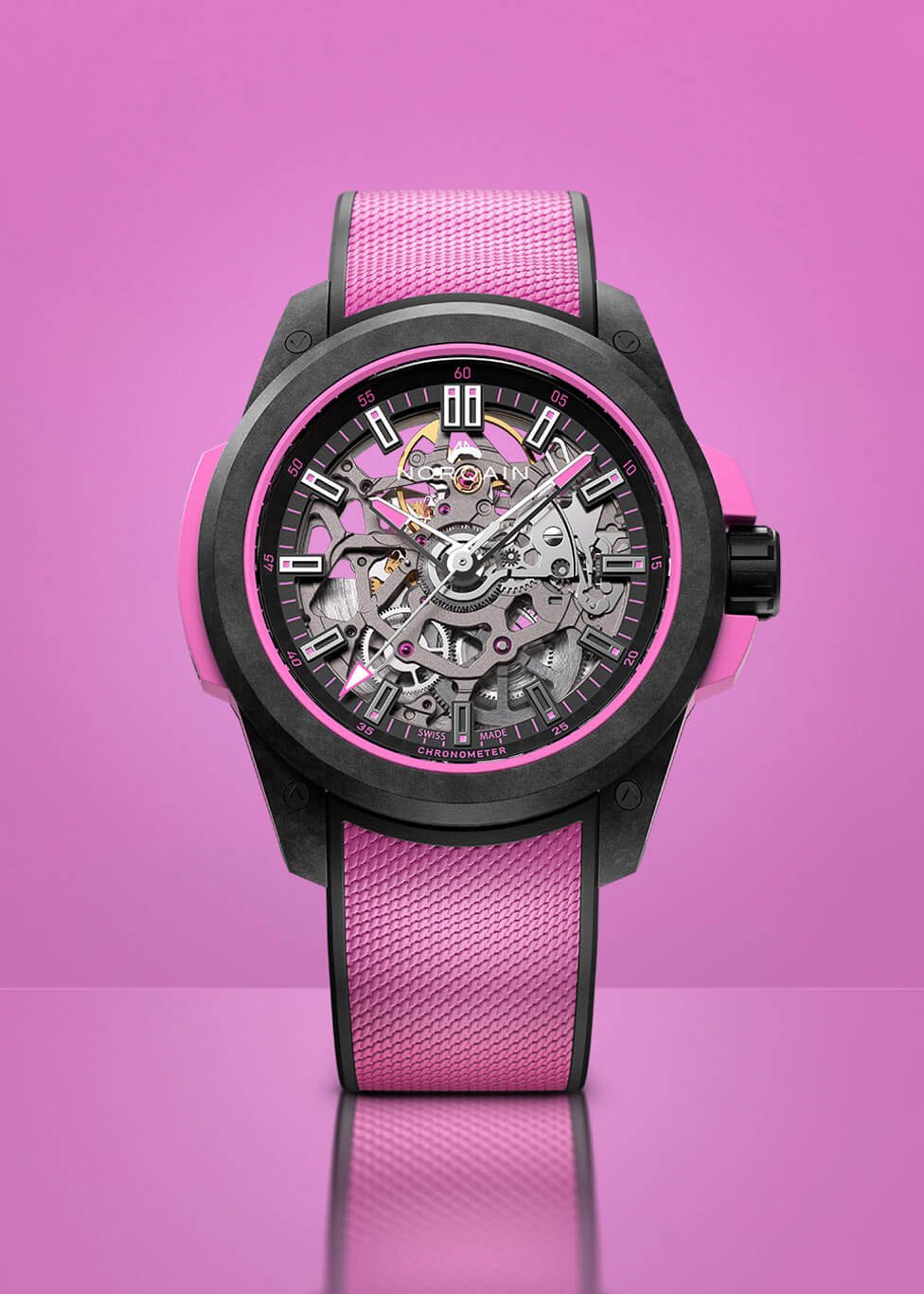 NORQAIN womens watch with pink strap with a skeleton dial, pink baton markers