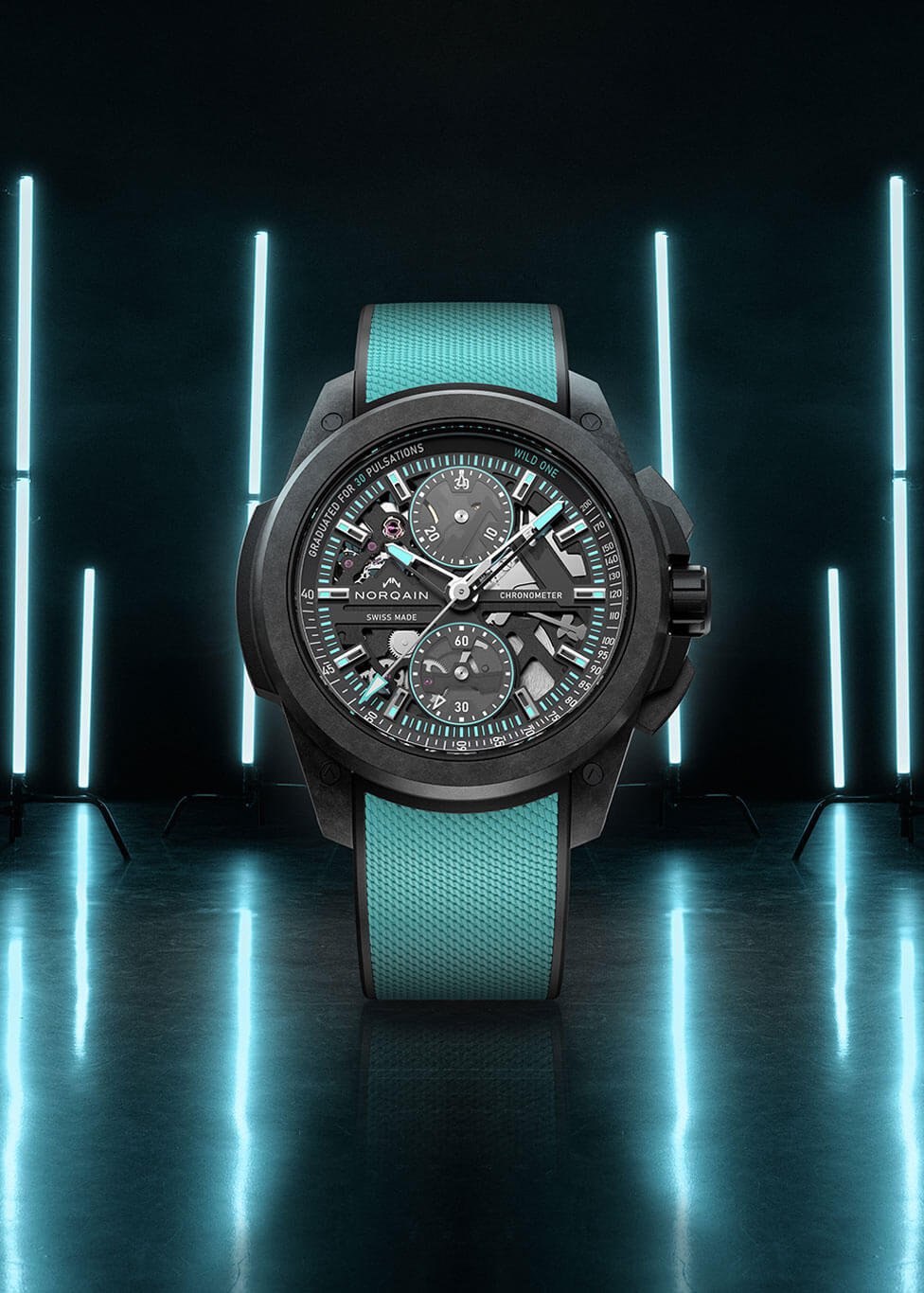 NORQAIN Mens watch featuring a blue fabric bracelet, skeleton dial, blue markers 