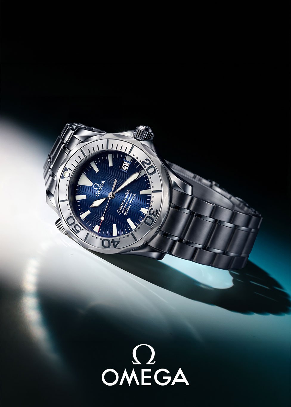 A pre-owned OMEGA Seamaster watch with a blue dial and a steel case and bracelet