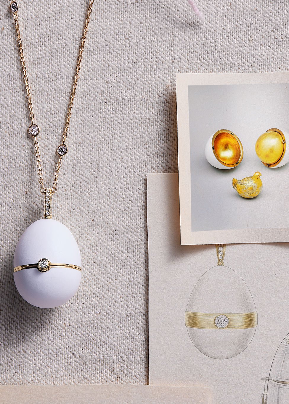 The Faberge No.1 egg pendant in white enamel with diamonds, sitting next to a picture and drawing of the original imperial egg